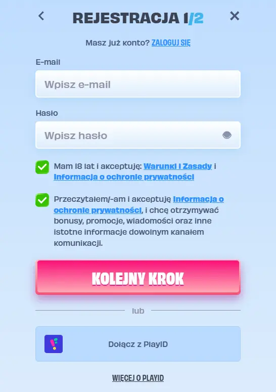 Formularz rejestracji w kasynie OnlySpins z polami na e-mail i hasło oraz przyciskiem „Następny krok